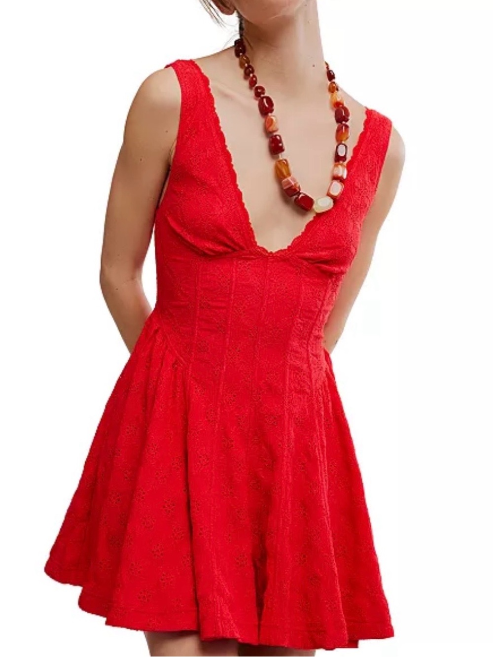 Free People medium red can’t help it V-neck sleeveless a line eyelet mini dress
